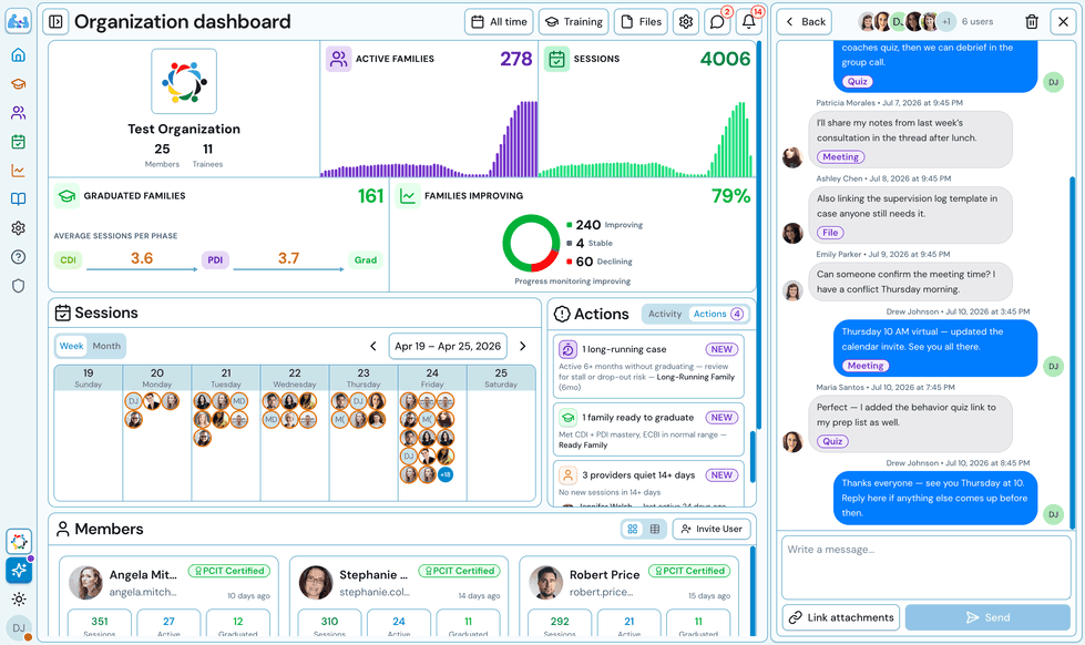 Organization admin dashboard with caseload outcomes and provider overview on a laptop