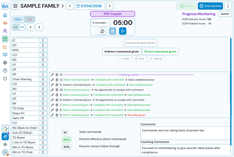 Guided PDI time-out coding sequence on a tablet during a live session
