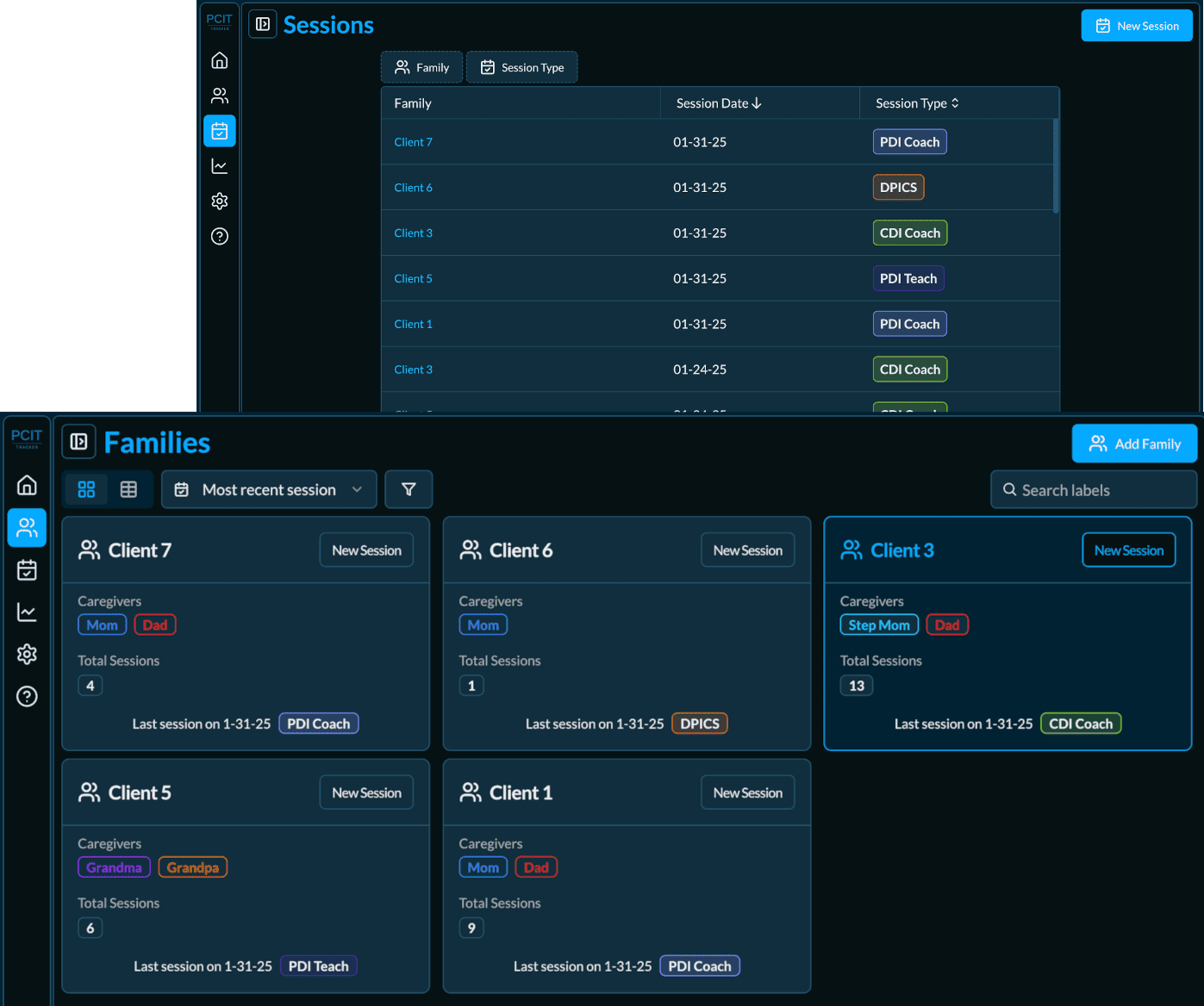 See all your families and sessions in one place (dark)
