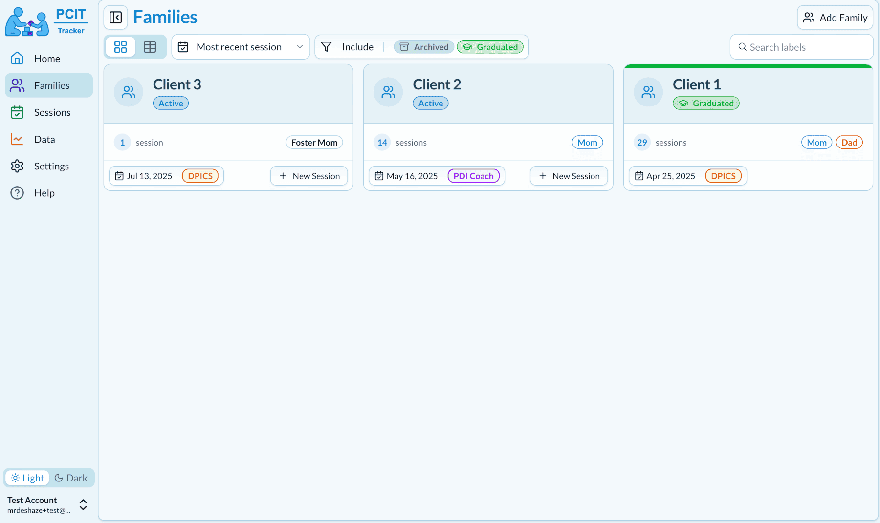 See all your families and sessions in one place (light)
