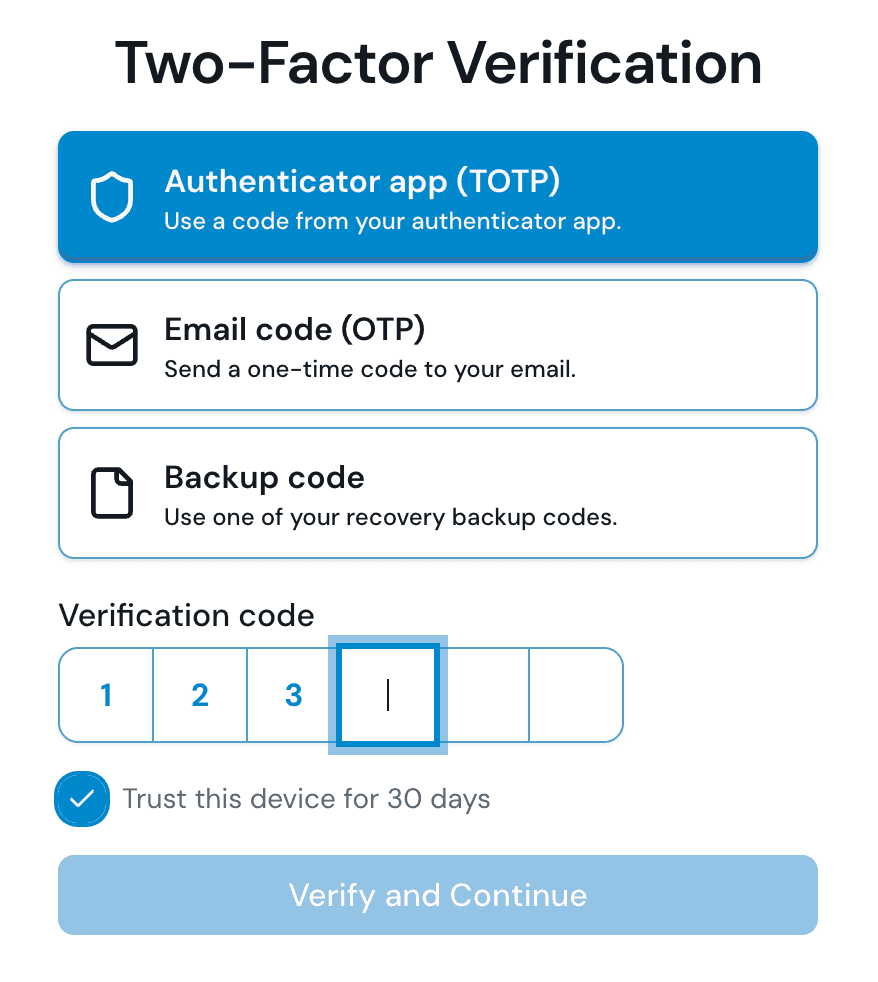 Two-factor verification screen with authenticator app, email code, and backup code options