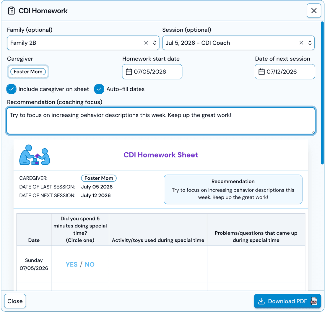 One-click homework sheet highlighting weekly goals and skill practice for families