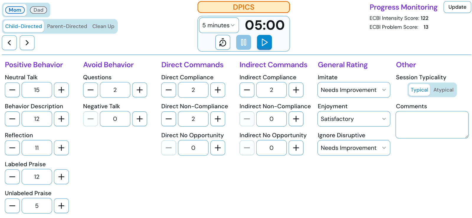 In-session CDI coding form with one-tap tally counters for each DPICS category and a five-minute timer