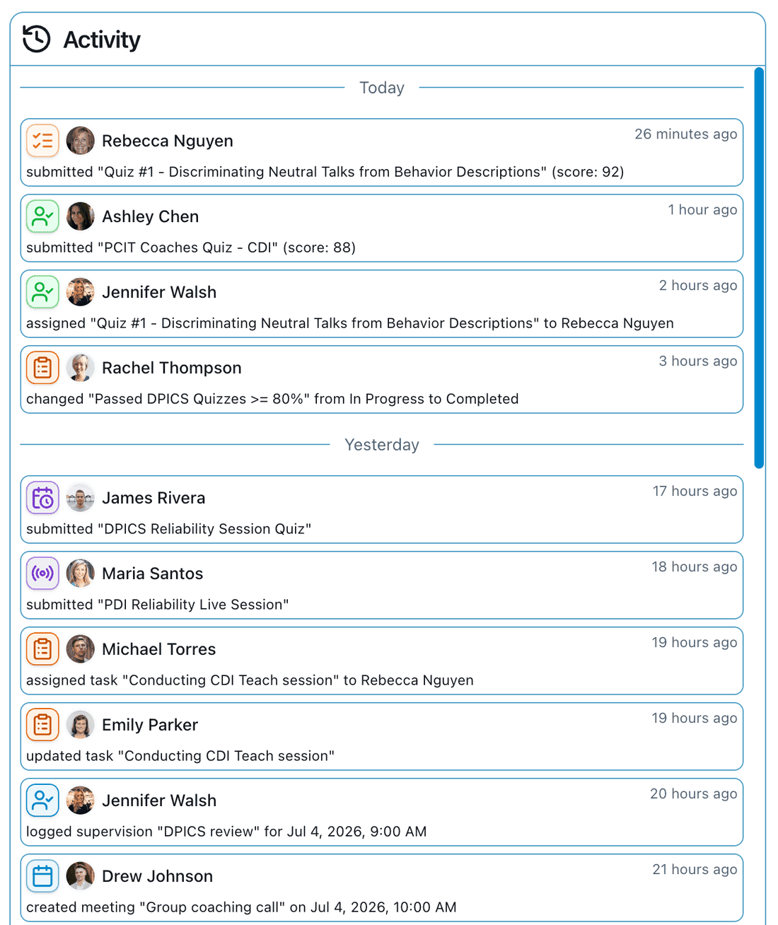Training audit trail showing a chronological log of task changes, quiz grades, and other program actions