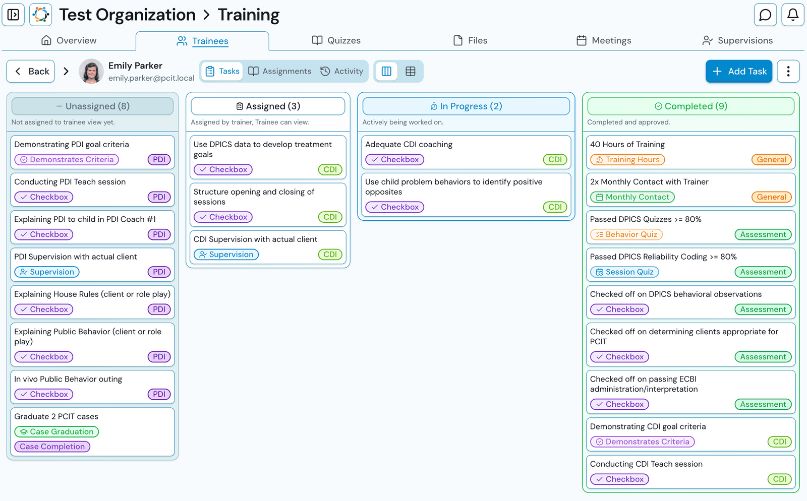 Trainee certification tasks on a drag-and-drop kanban board organized by phase