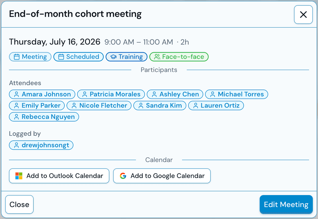 Training meeting detail with attendees, hour category, and one-click add to Google or Outlook calendar