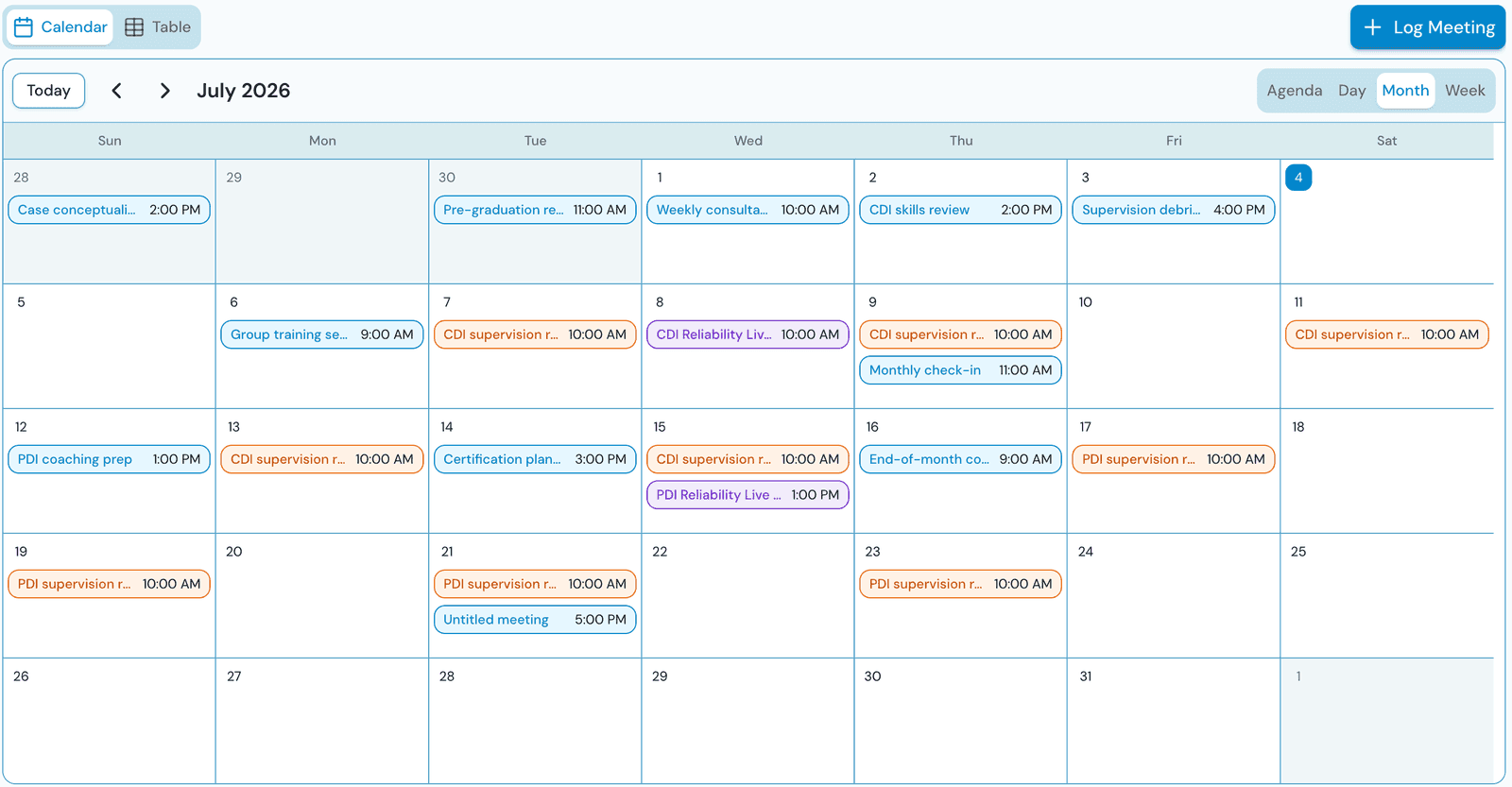 Training meetings calendar with color-coded meeting types and attendance tracking
