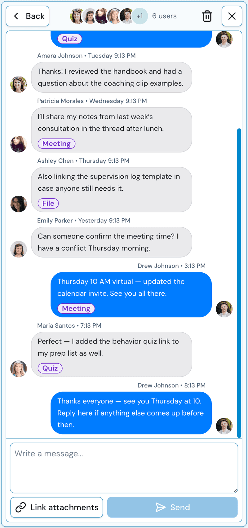 A trainer-trainee message thread with attached meeting, quiz, and file links