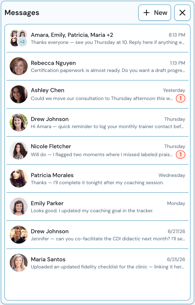 Messages inbox with direct and group threads and unread indicators