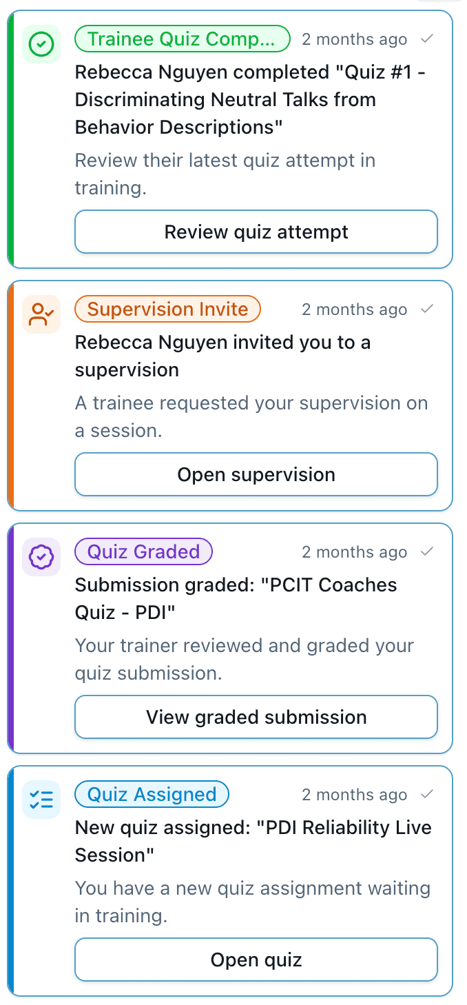 In-app notifications for completed quizzes, supervision invites, graded submissions, and new quiz assignments