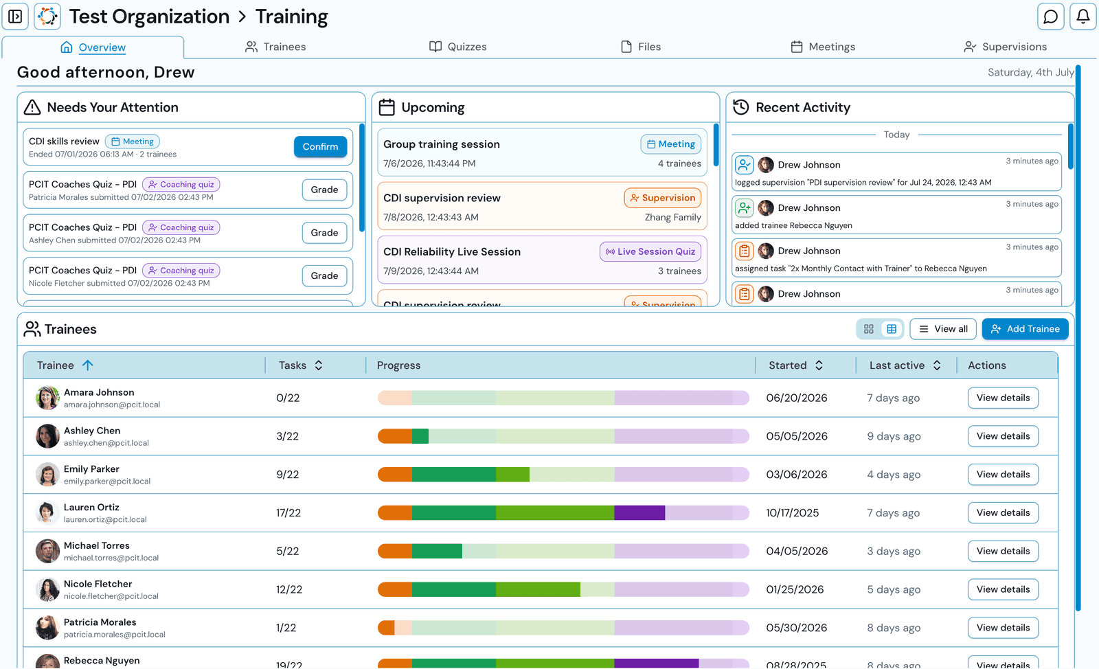 Trainer overview dashboard with needs-attention queue, upcoming events, and trainee progress grid