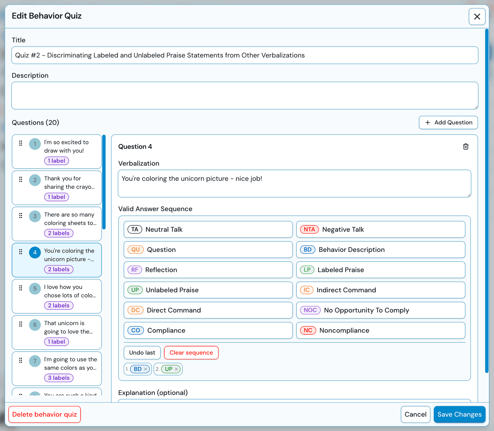 Behavior quiz builder with custom verbalizations, valid DPICS answer sequences, and optional explanations