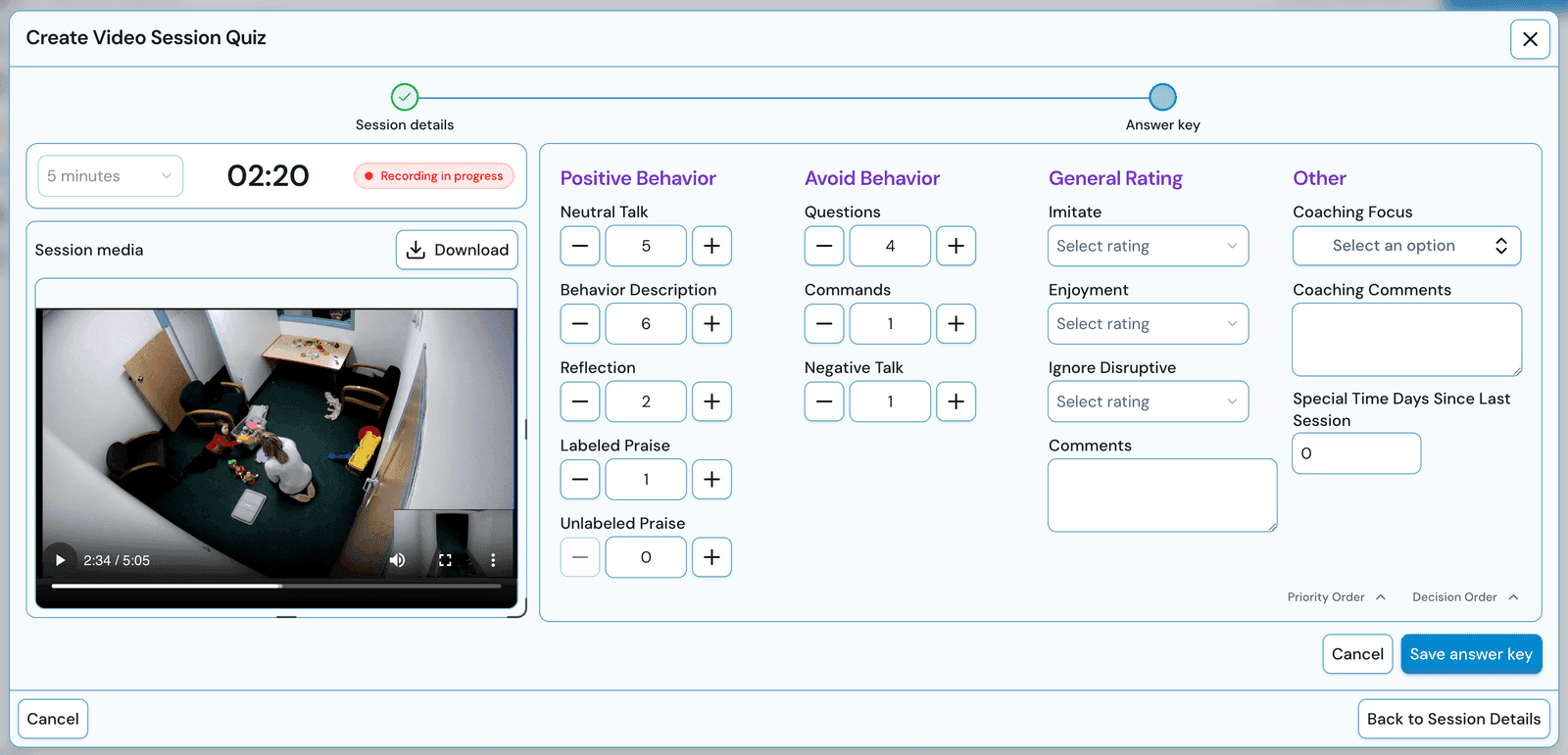 Video session quiz builder with a recorded session and a DPICS coding form for creating the answer key