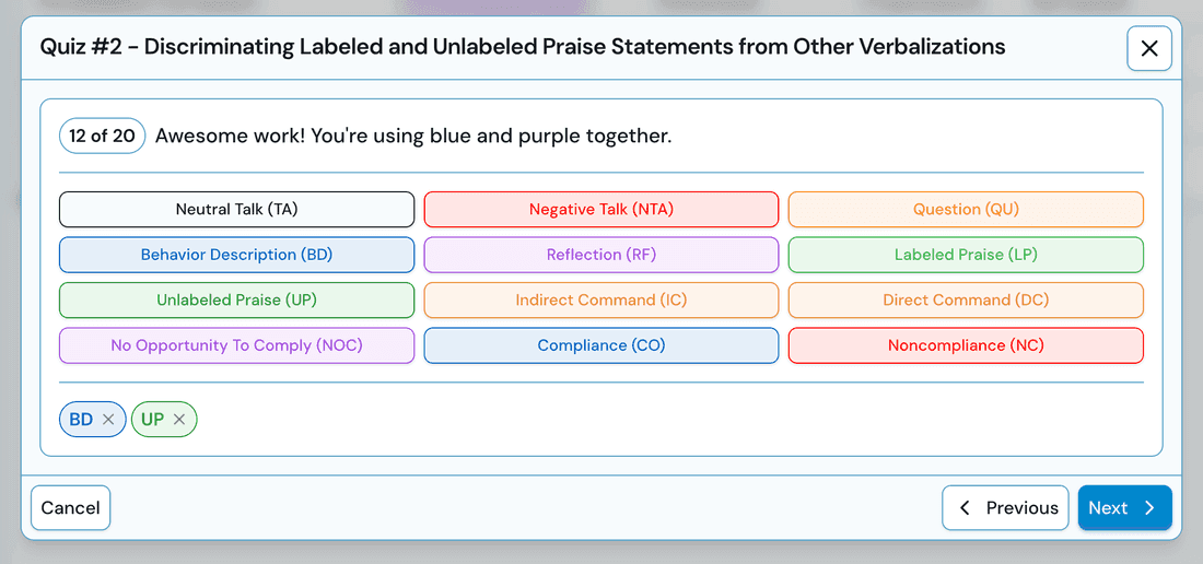 DPICS behavior quiz with instant automatic scoring
