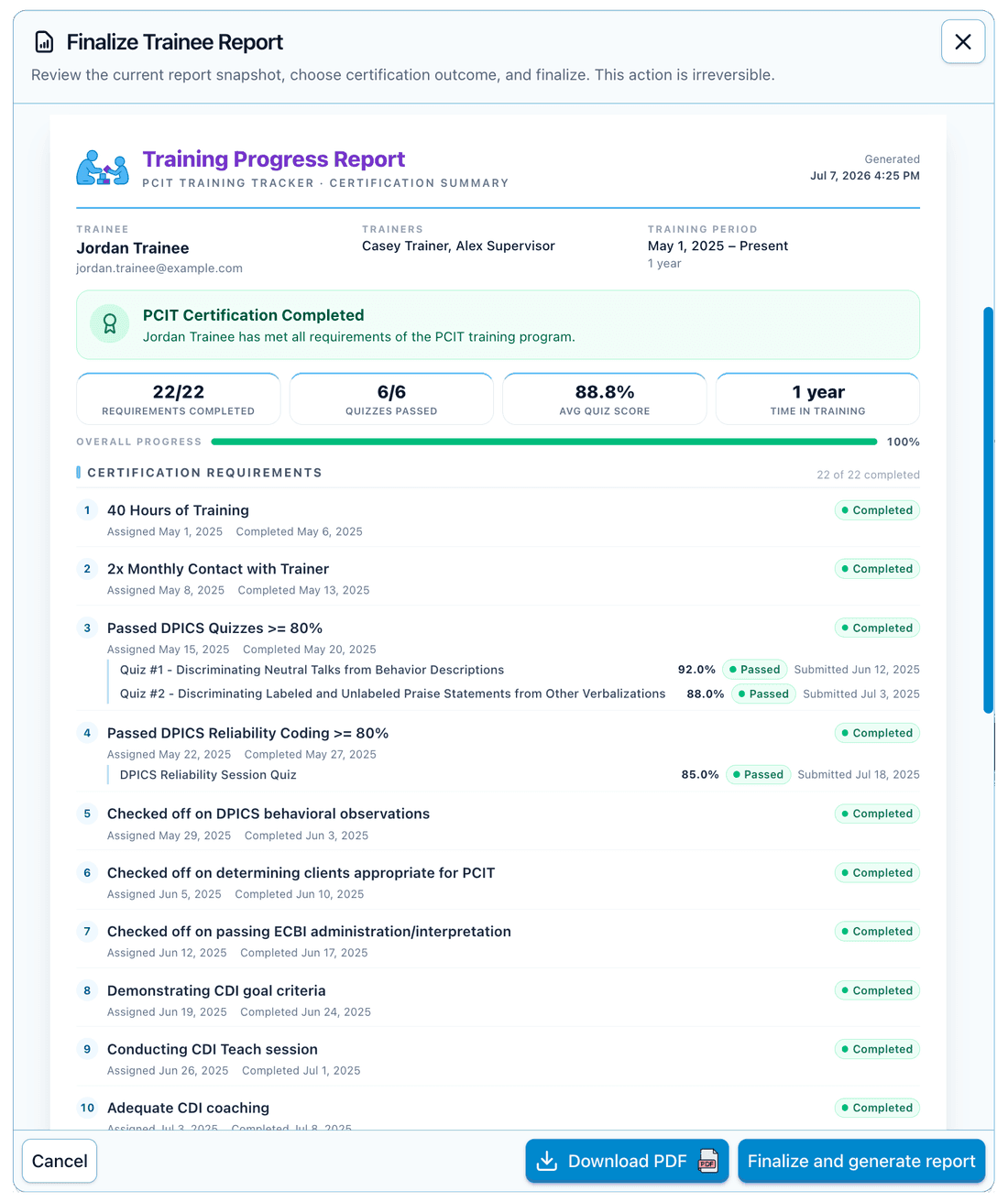 Finalized, printable training progress report with certification status